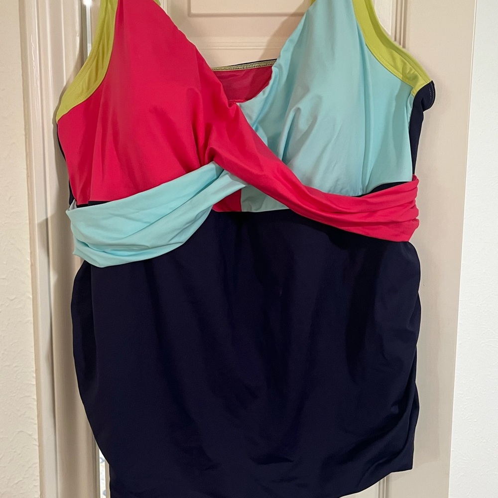 Land's End ~ Blue/Pink Multi color cross over tankini top ~ 24W